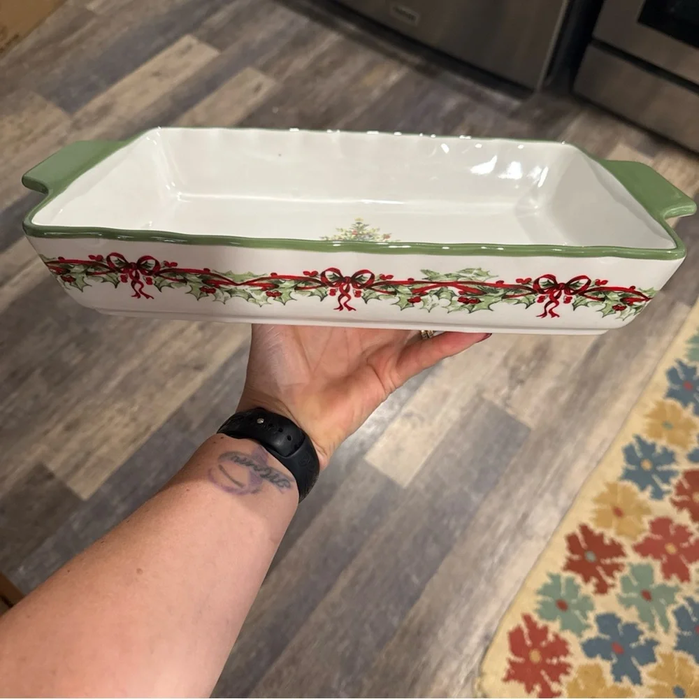 Christopher Radko White Baking Dish with Green Trim and Christmas Tree